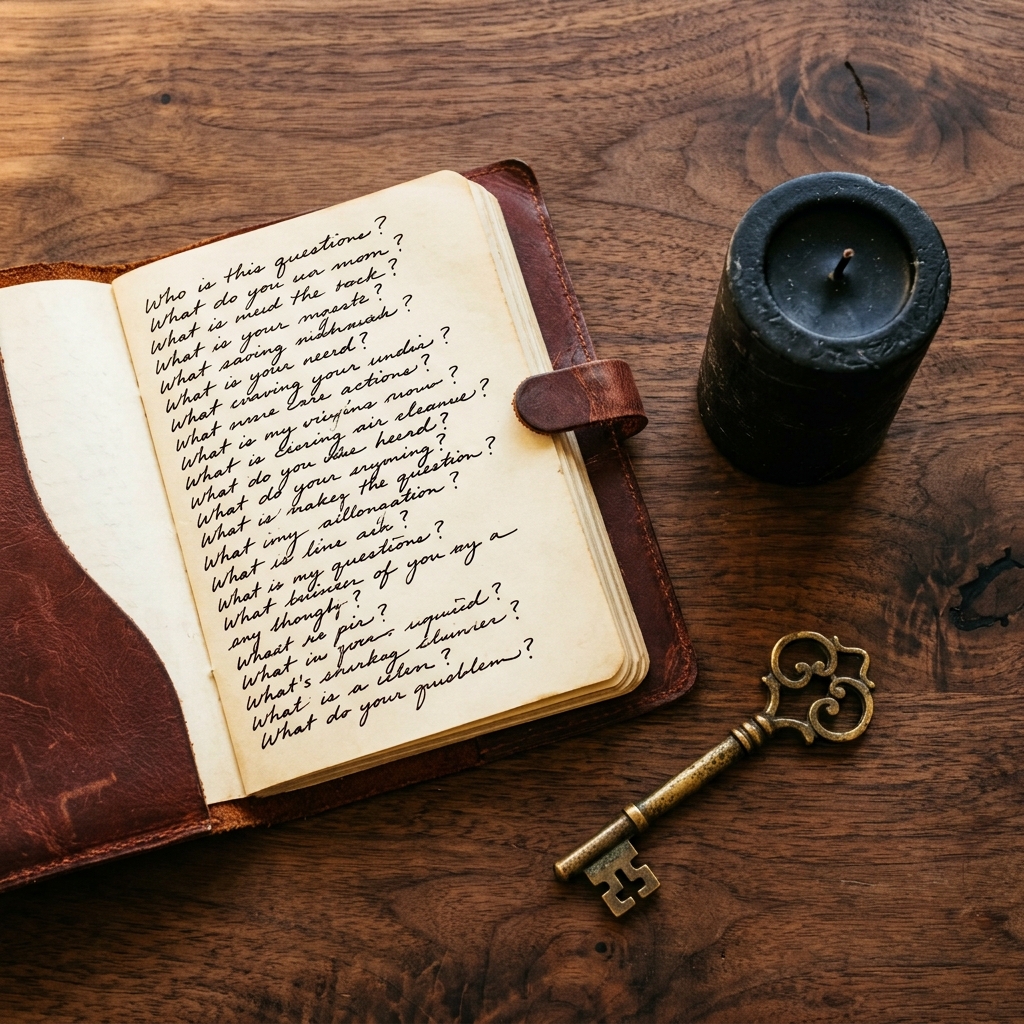 Leather notebook open to a handwritten list of questions beside an unlit black candle and a brass key on dark wood, representing careful preparation before a satanic career ritual