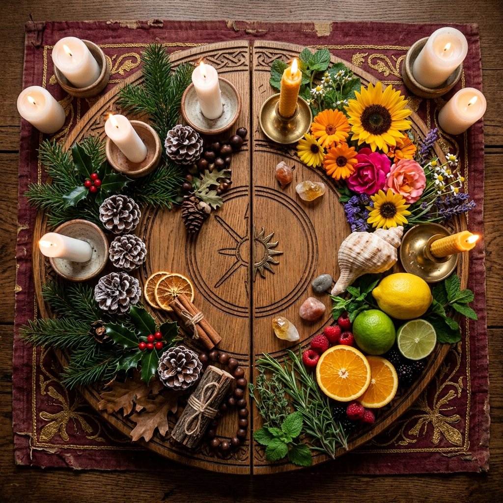 Southern hemisphere sabbats on a split wooden Wheel of the Year altar, with holly, pine cones and white candles opposite sunflowers, citrus and a seashell
