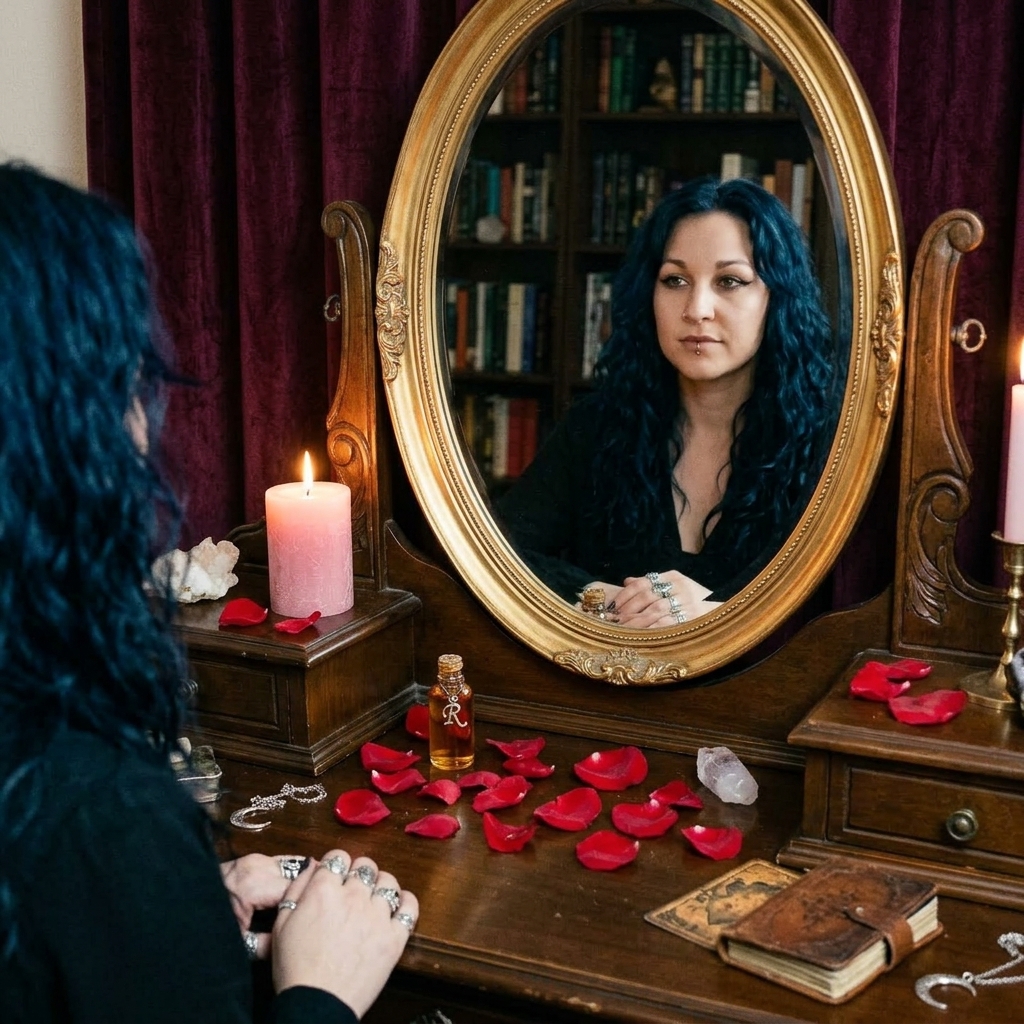 Madame Celestine casting a glamour spell at a candlelit vanity mirror, with rose petals, a pink candle and a small bottle of rose oil