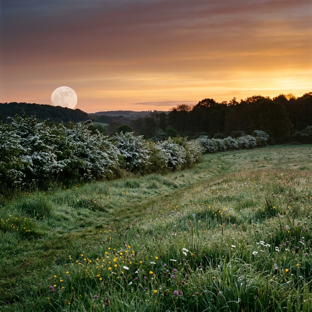 Flower Moon luck at dawn: a pale full moon setting over a dewy spring meadow edged with white hawthorn blossom