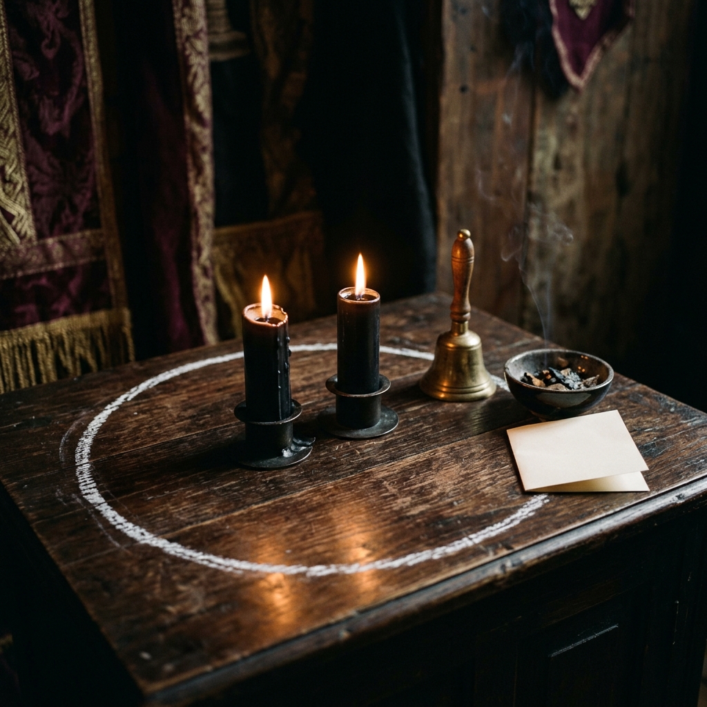 Satanic banishing ritual setup on a dark wooden table with a chalk circle, two lit black candles, a brass bell, a smoking bowl and a folded blank paper
