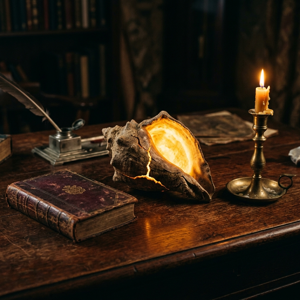 Cracked conch shell glowing gold from inside on a candlelit desk, beside an old book and quill, a symbol of the Qliphoth and the shadow self