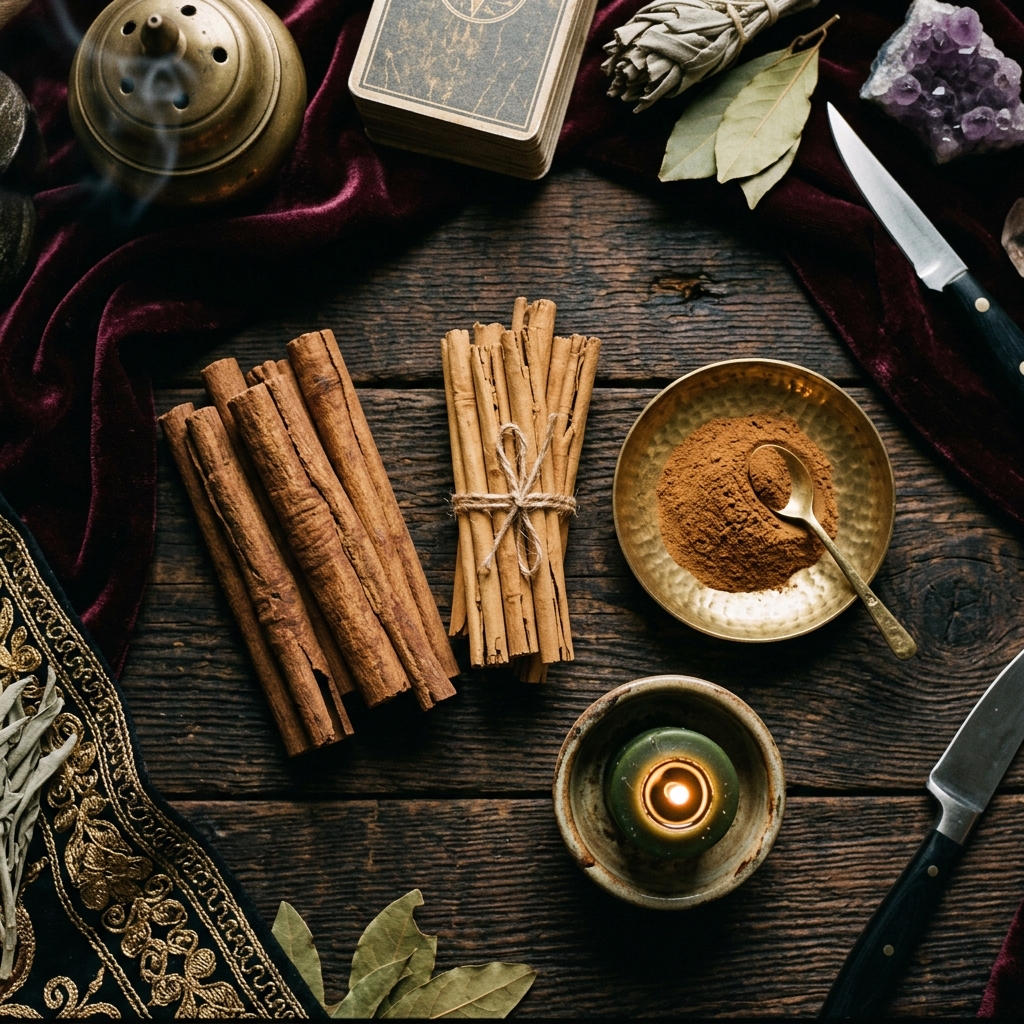 Cinnamon money magic altar with two bundles of cinnamon sticks, a brass dish of ground cinnamon and a lit green candle on dark wood