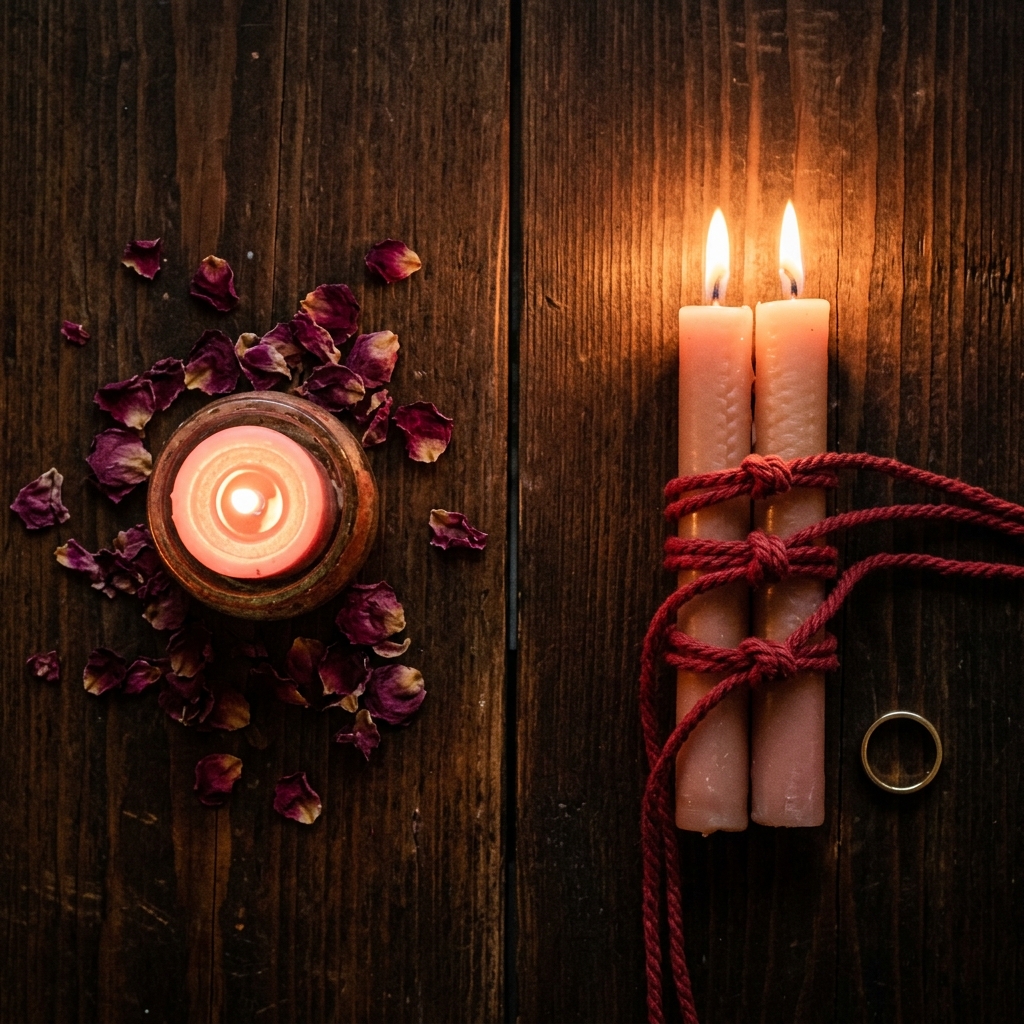 Commitment spell vs love spell shown side by side: a single pink candle with rose petals beside two candles bound with red cord and a gold ring