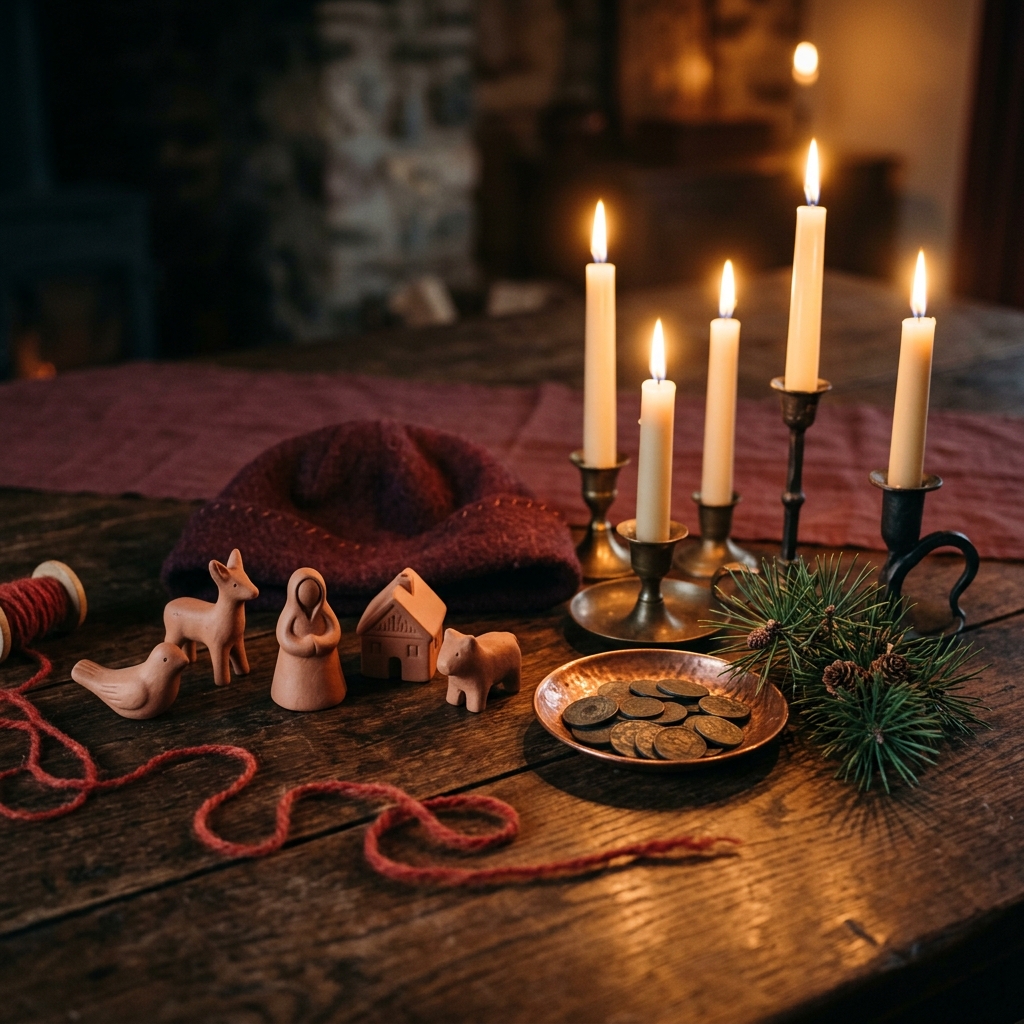 Saturnalia symbols on a winter table: lit wax tapers, small clay figurines, a loosened red wool thread, a felt cap and a dish of coins