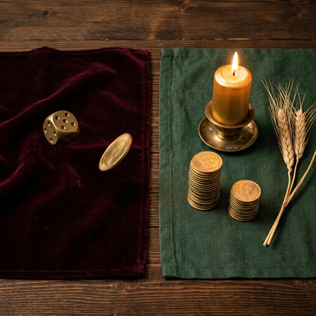 Satanic luck rituals and prosperity rituals contrasted on one wooden table: a brass die and a coin mid-toss on burgundy velvet, beside a lit gold candle, stacked gold coins and wheat on green linen