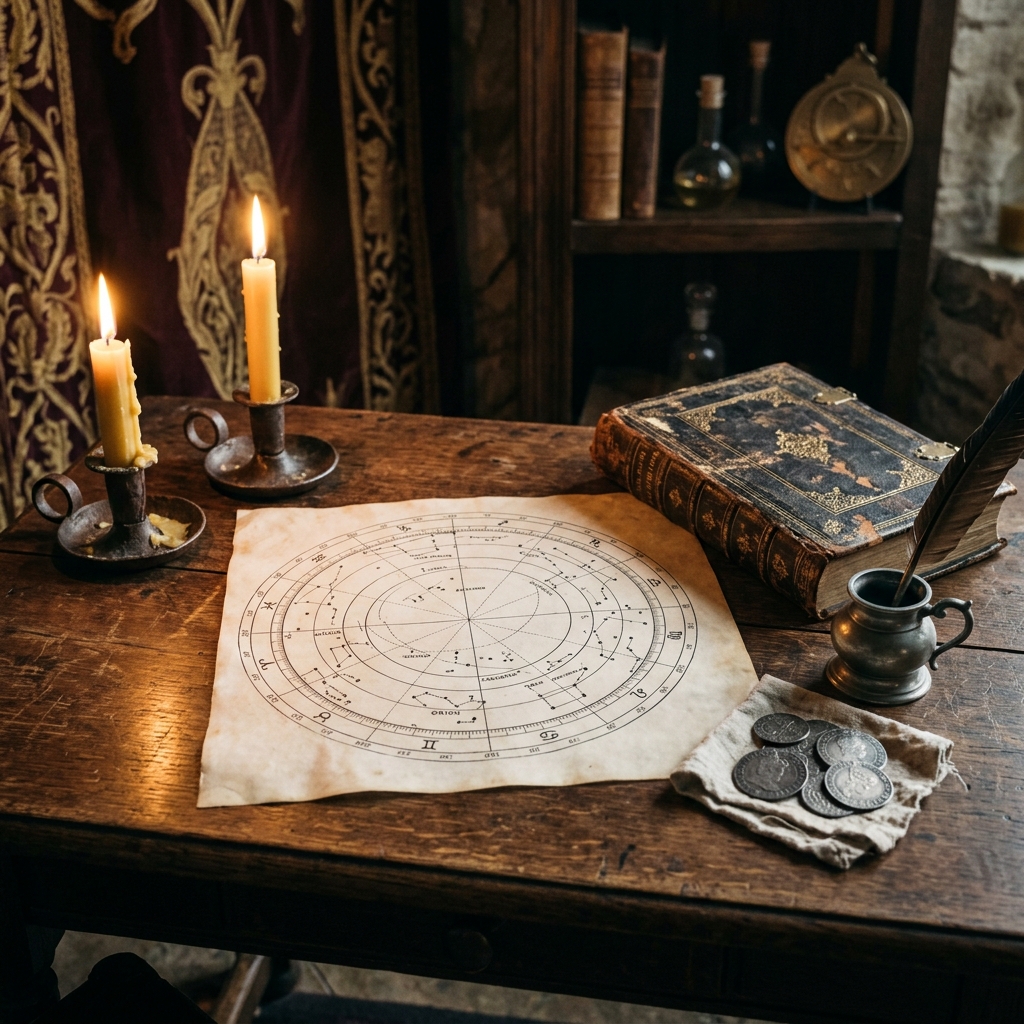 Commissioned magic in the 1500s: a practitioner's candlelit desk with a hand-drawn star chart, a quill in a pewter pot, silver coins on a cloth and a leather-bound book
