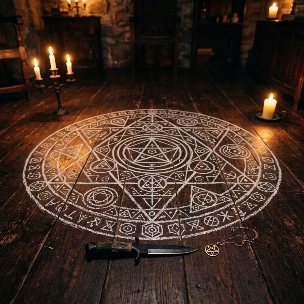Grimoire protection laid out by candlelight: a chalk magic circle filled with pentagrams and hexagrams on dark floorboards, with a black-hilted knife and a gold pentagram pendant at its edge