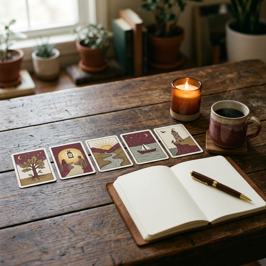 A five-card career tarot spread laid in a row on a wooden table beside a lit candle, a coffee mug and a blank open notebook with a pen, set up for reflecting on a job setback