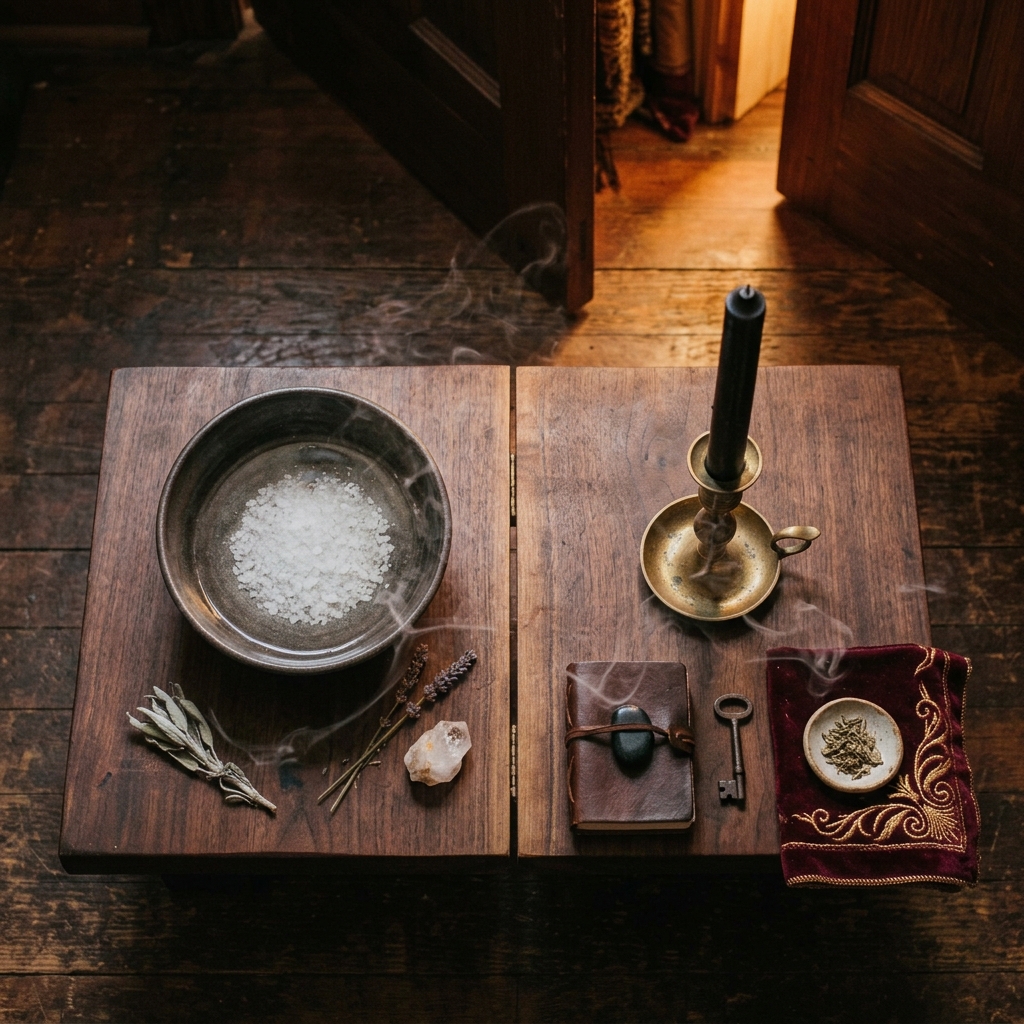 Cleansing and banishing tools on a split wooden altar: a bowl of coarse salt with sage and lavender on one side, a black candle in a brass holder on the other, facing an open doorway