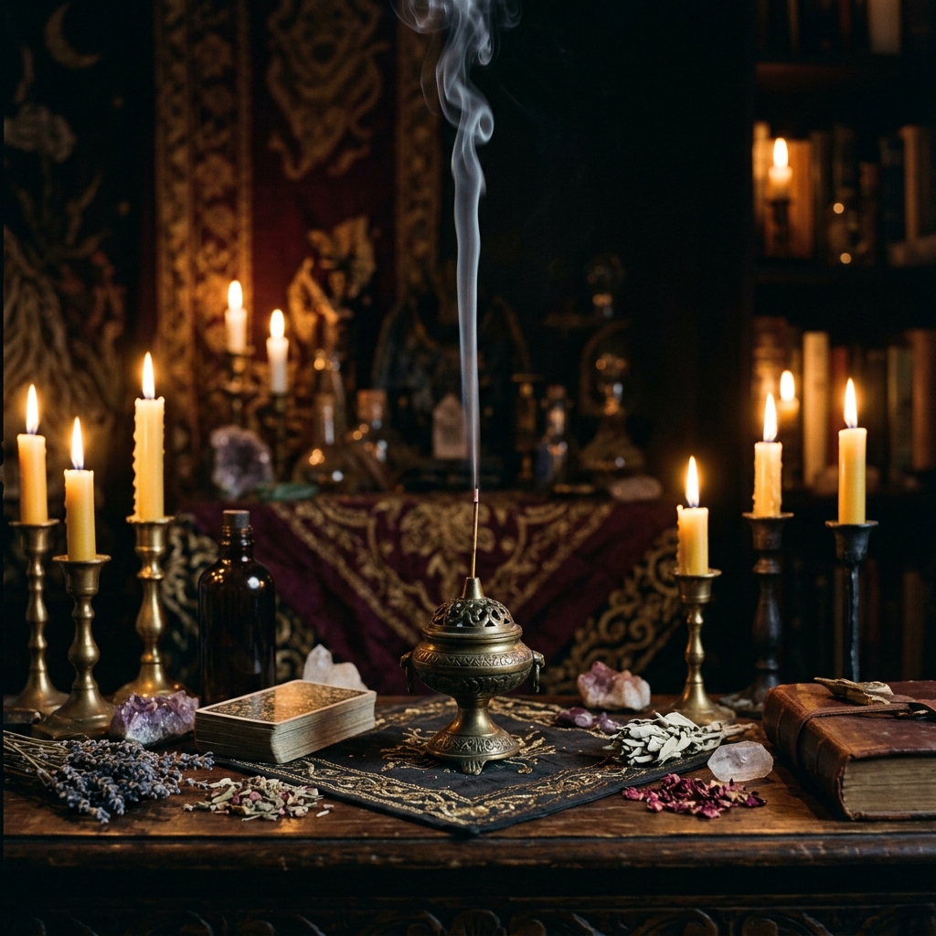 Thin white smoke rising in a straight column from a brass incense burner on a candlelit altar, the classic sign linked to the smoke spiritual meaning of blessing
