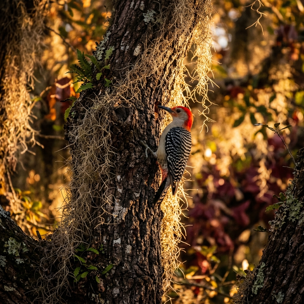 Red-bellied woodpecker clinging to a moss-draped live oak at golden hour, capturing the woodpecker spiritual meaning of persistence and messages