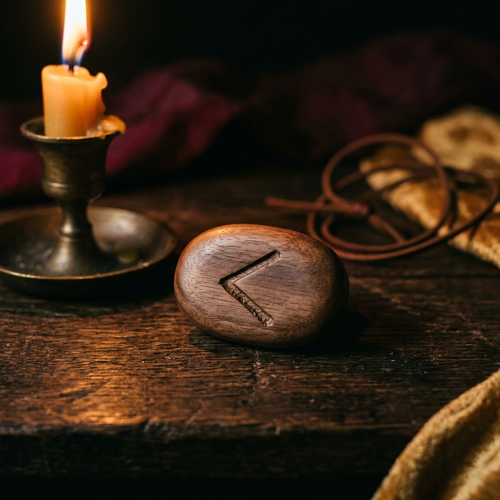 Smooth wooden rune stone carved with the arrowhead-shaped Kenaz rune beside a lit candle on an old wooden table, illustrating the kenaz rune meaning of light and insight