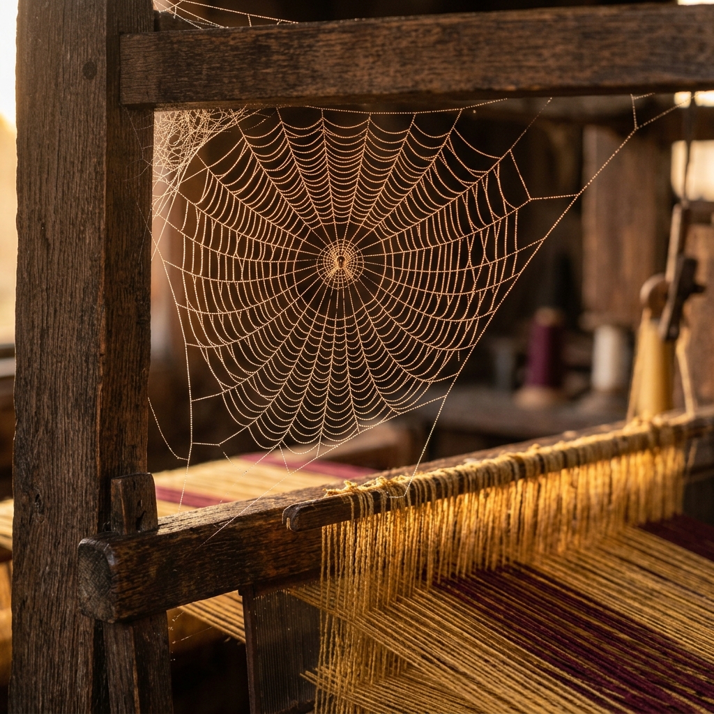 Dew-covered spider web glowing in warm light across an old wooden loom strung with golden and burgundy threads, evoking the spider god as a weaver of fate