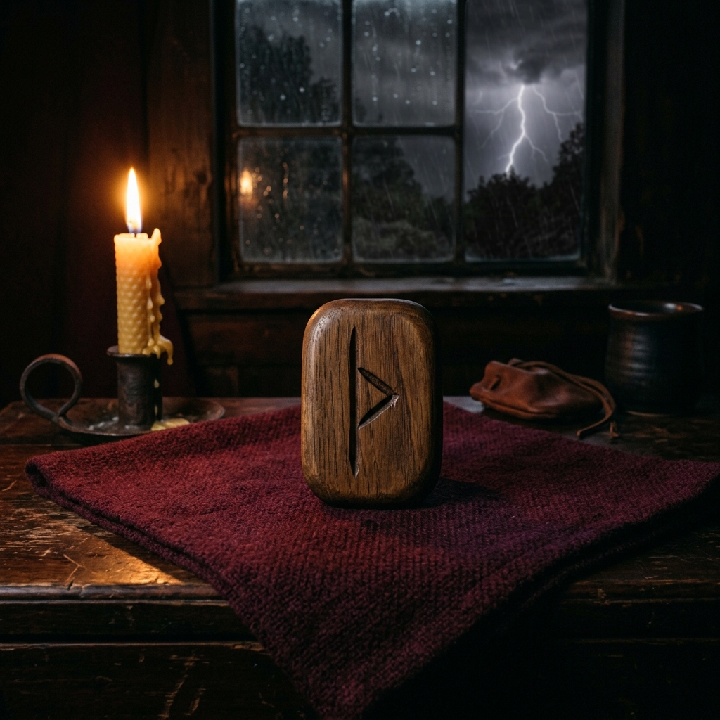 Wooden rune stone carved with the thorn-shaped Thurisaz rune standing on burgundy cloth beside a candle, with lightning in the stormy window behind, illustrating the thurisaz rune meaning of force and protection