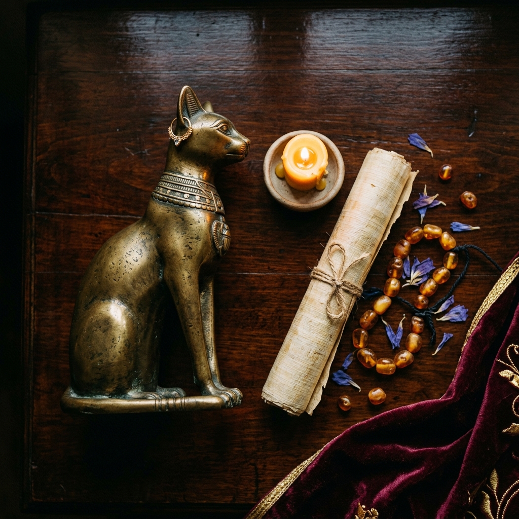 Seated bronze cat statue with a gold earring beside a lit candle, a tied papyrus scroll, amber beads and blue petals, evoking the god of cats