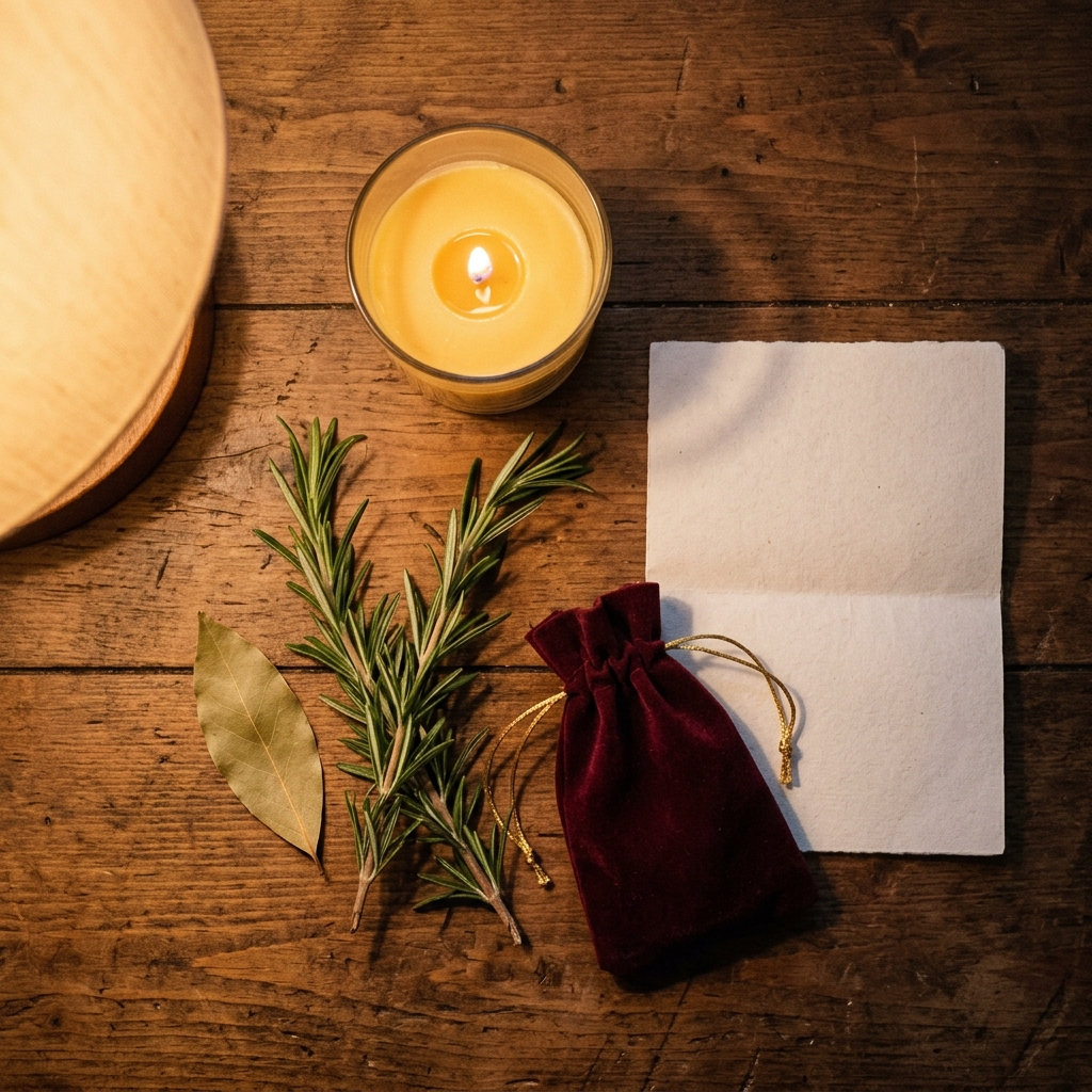 A lit yellow candle, fresh rosemary sprigs, a dried bay leaf, a burgundy velvet pouch and a blank folded card on a wooden table, laid out for a job interview spell