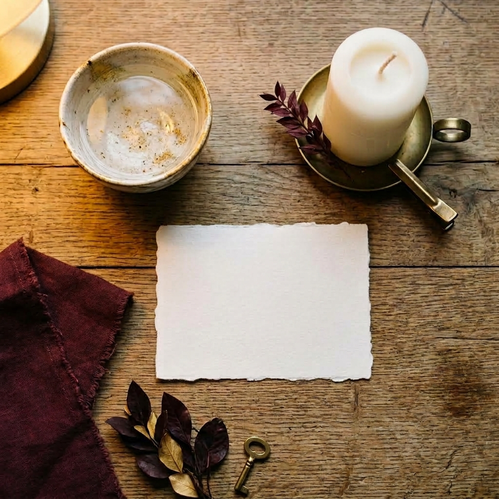 A blank card, an unlit white candle in a brass holder and a small bowl of water on a wooden table, set out to rework a manifestation not working