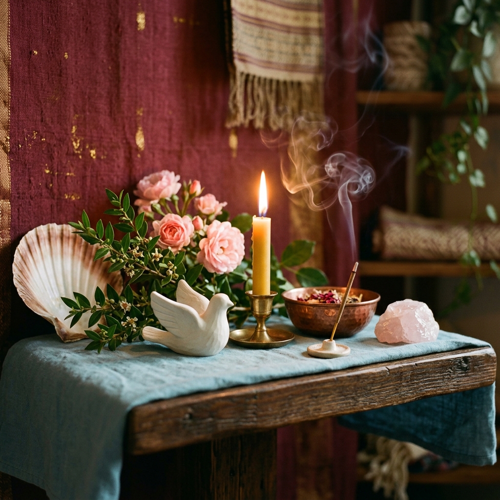 Aphrodite altar on a sea-blue cloth with a scallop shell, a white dove figure, myrtle, pink roses, a lit beeswax candle, a copper bowl of dried rose petals, rose quartz and curling incense smoke