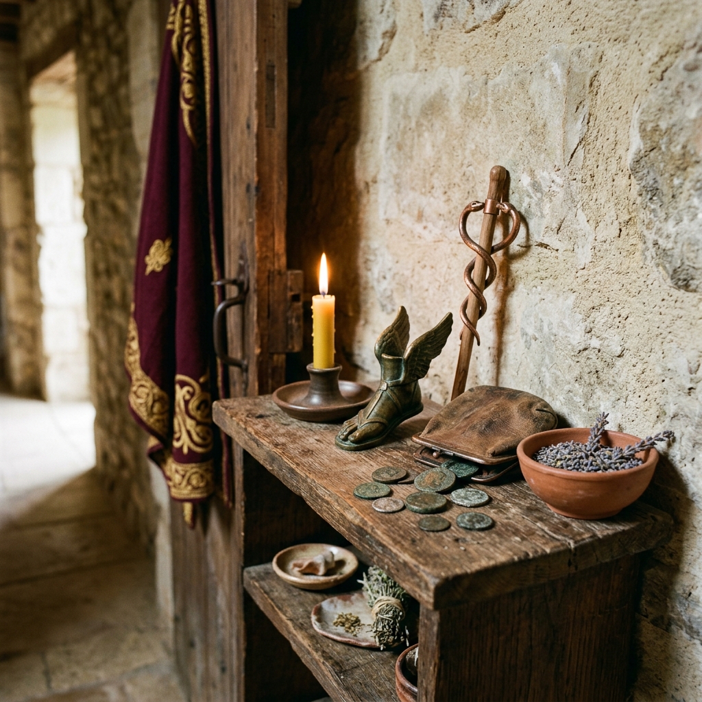 Small altar to the god Mercury on a rustic shelf by a stone doorway, with a winged bronze sandal, a caduceus staff, a leather purse, old coins, a bowl of dried lavender and a lit beeswax candle
