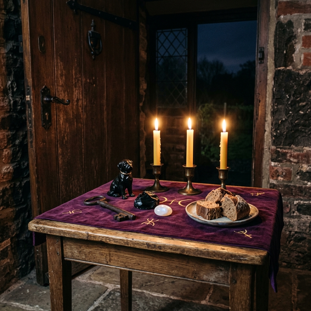 Hecate altar for witchcraft by an old front door at night, with a purple cloth, an iron skeleton key, three lit candles, a black dog figurine, obsidian, moonstone and a plate of bread
