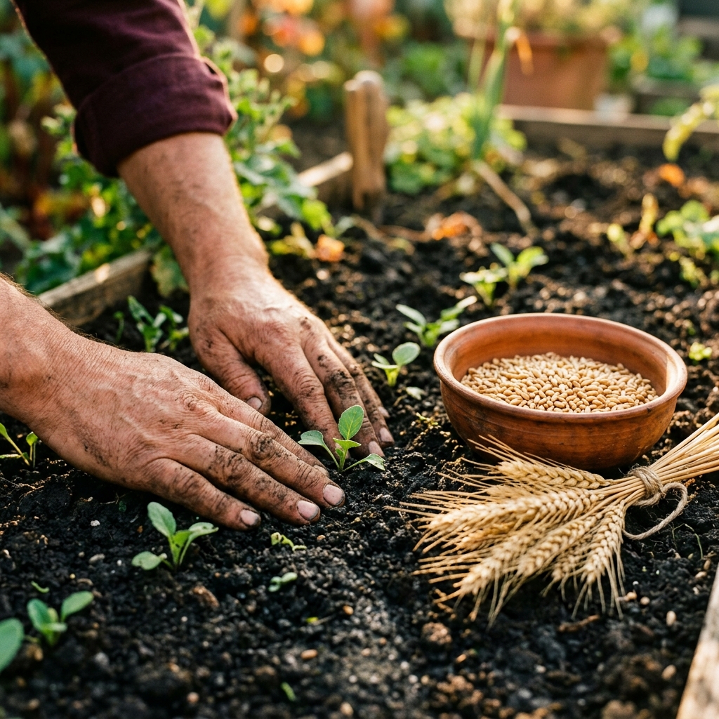 Hands pressed into dark soil in a raised garden bed beside sprouting seedlings, a sheaf of wheat and a clay bowl of grain, honoring the earth goddess of soil and harvest