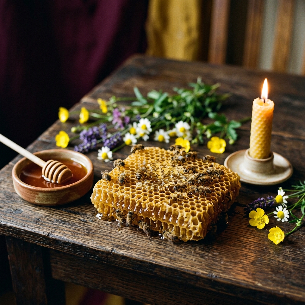 Honeybees crawling on golden honeycomb beside a lit beeswax candle, a dish of honey with a wooden dipper and wildflowers on a wooden table, evoking the sacred bee of bee mythology