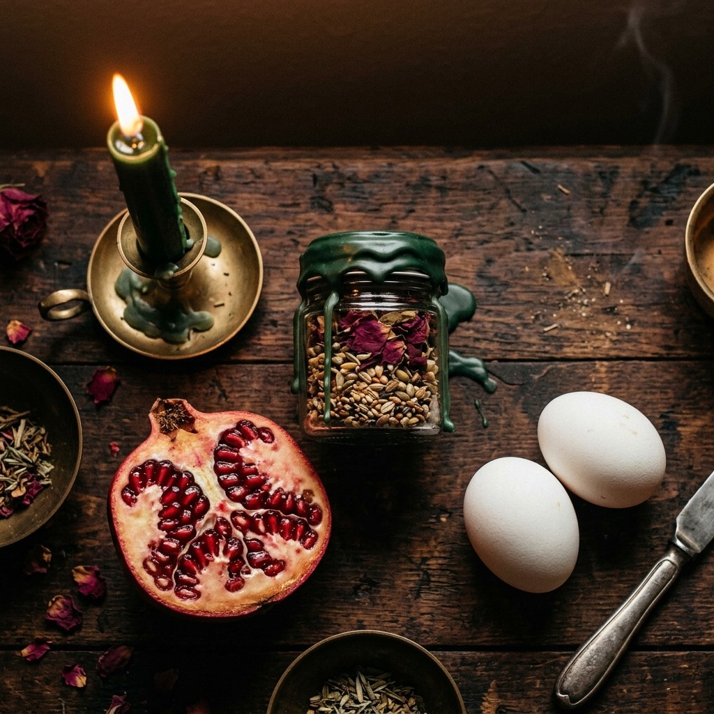 Pregnancy spells laid out on a wooden altar: a sealed seed jar, a green candle, a split pomegranate and white eggs