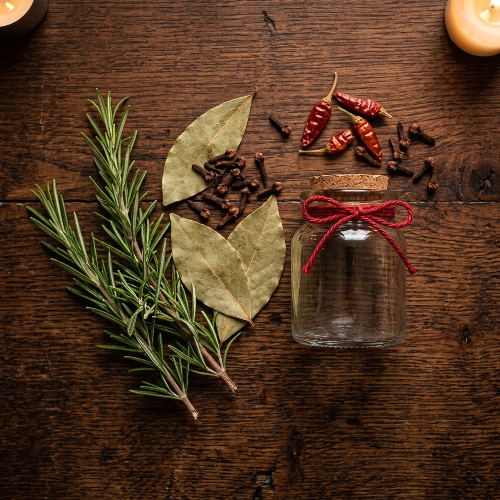 Protection herbs on a wooden table: rosemary, bay leaves, cloves and dried chilies beside a glass jar tied with red thread