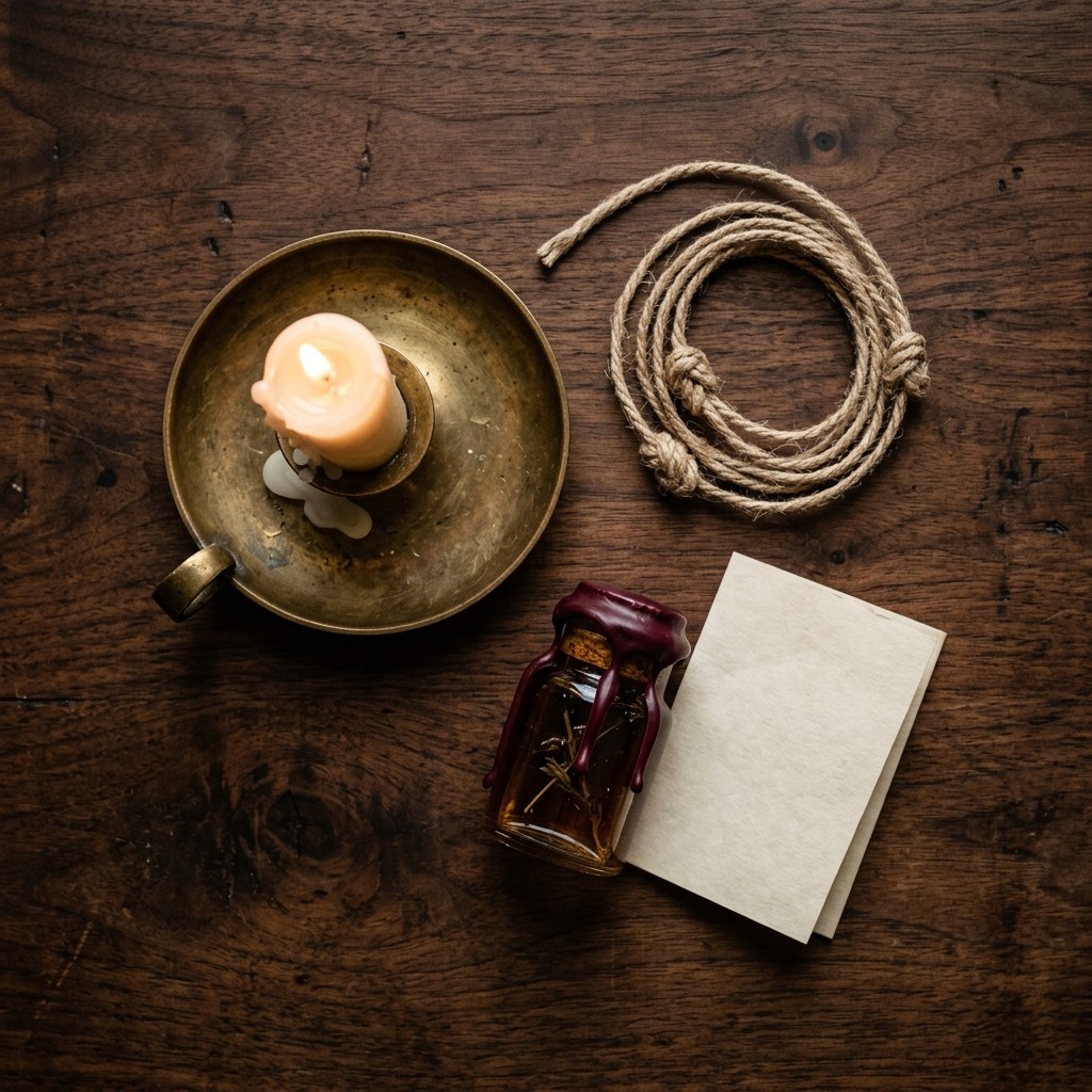Easy spells for beginners laid out on a wooden table: a lit candle in a brass dish, a knotted cord, a small jar sealed with burgundy wax and a folded blank card