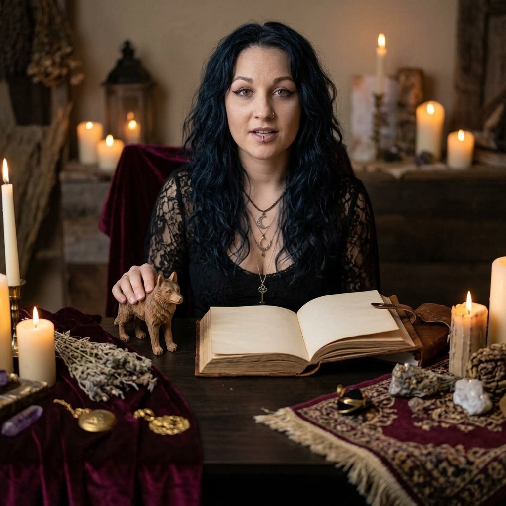Madame Celestine seated at a candlelit desk, her hand resting on a carved wooden wolf beside an open book, introducing wolf deities in myth