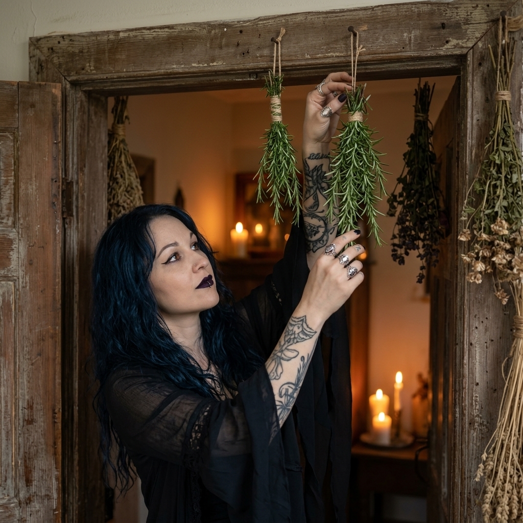 Madame Celestine hanging bundles of fresh rosemary from a wooden door frame, candles glowing inside, showing rosemary magical properties at the threshold