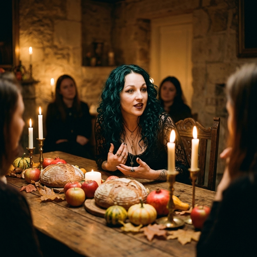 Madame Celestine explaining Mabon traditions to a small group at a candlelit harvest table set with round loaves, apples, pomegranates and gourds