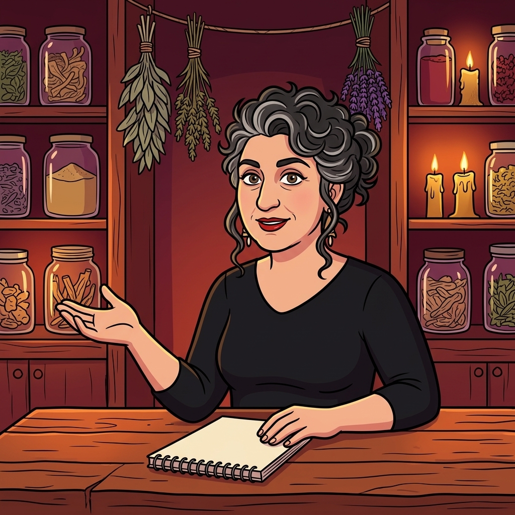 Cartoon illustration of Laura T. Zakroff at a wooden desk explaining how to make a spell jar, with glass jars, herbs and candles on the shelves behind her