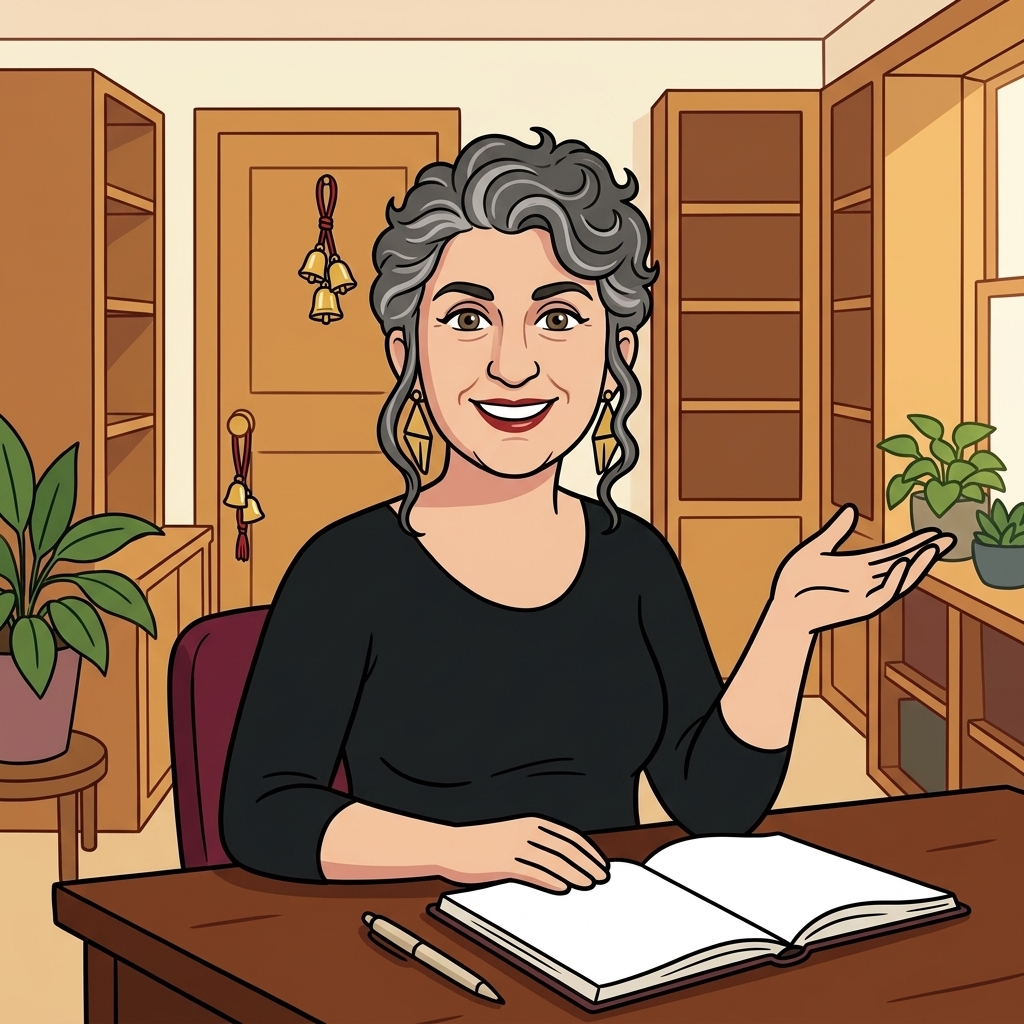 Cartoon illustration of Laura T. Zakroff at a wooden desk explaining witch bells, with small gold bells on red cord hanging on the door behind her