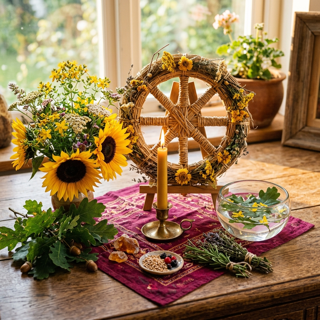 Litha traditions on a summer solstice altar: a woven sun wheel, sunflowers, St John's wort, a beeswax candle, a bowl of water, oak leaves and rosemary in morning light