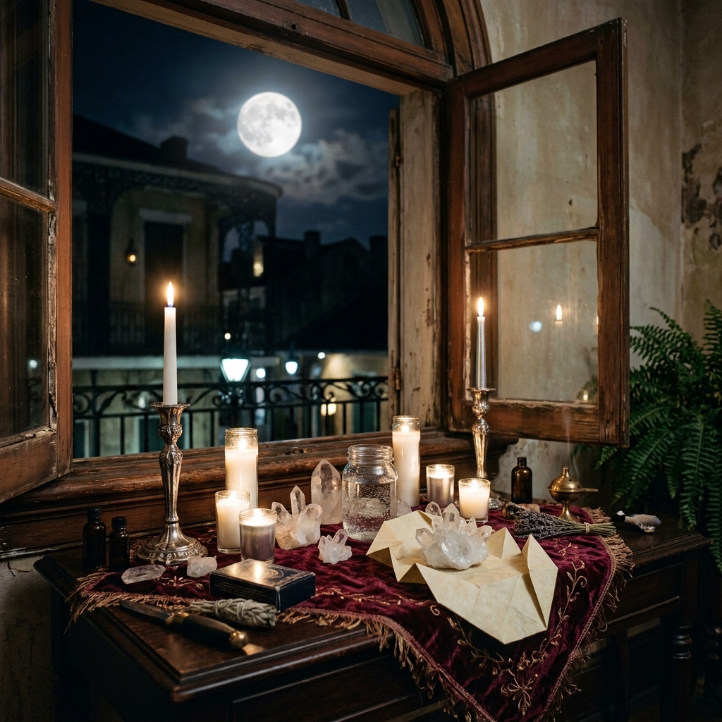 Full moon rituals altar at an open window with white candles, a jar of water, quartz clusters, a folded paper and lavender beneath a bright full moon
