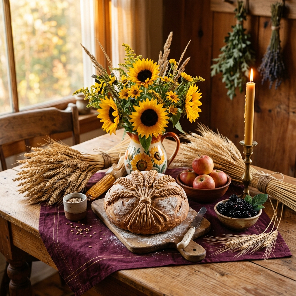 Lammas celebration table with a wheat-sheaf loaf, bundles of wheat, sunflowers, a beeswax candle, apples, blackberries and an ear of corn