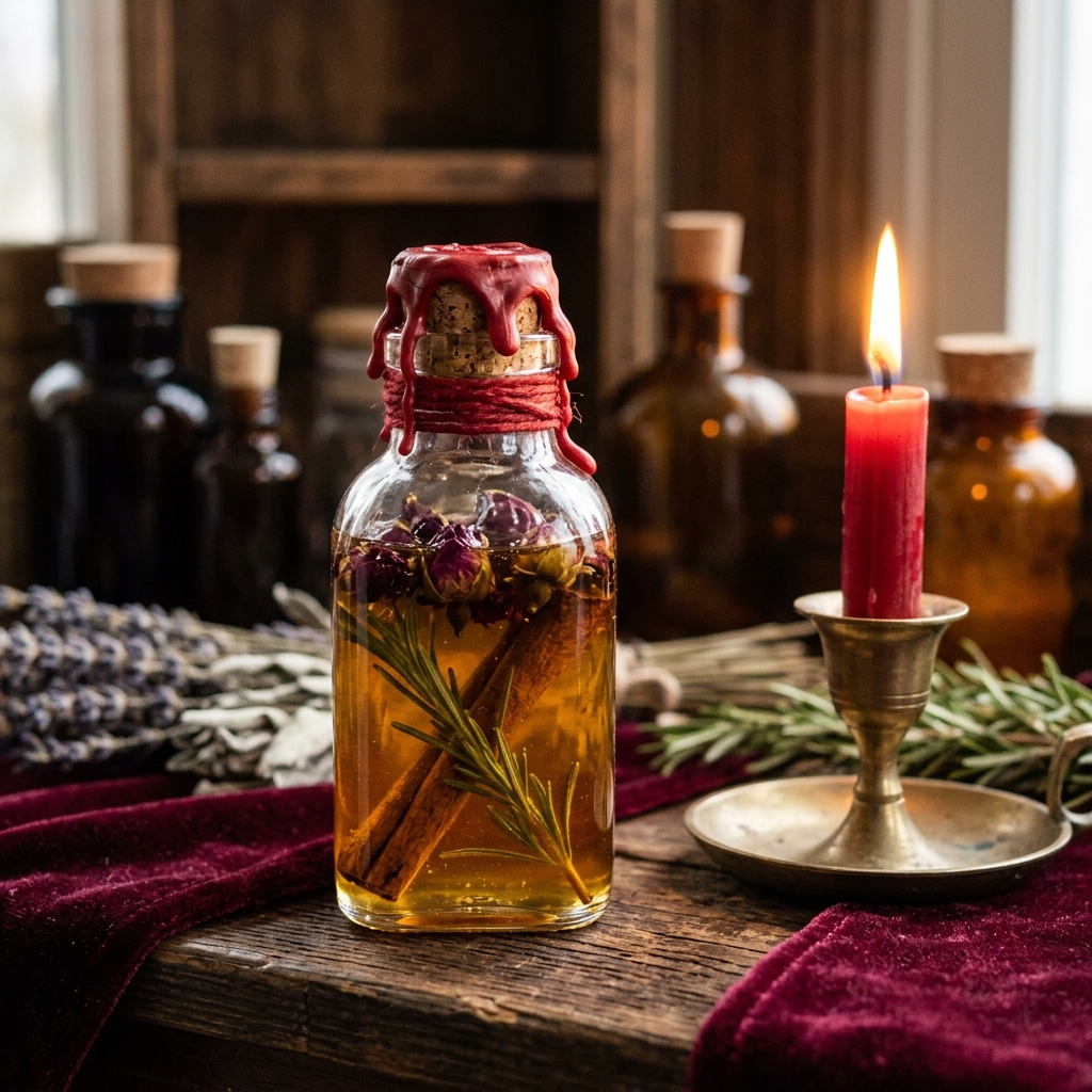 Relationship spell bottle filled with honey, rose buds, cinnamon and rosemary, sealed with red wax and red thread beside a lit red candle in a brass holder