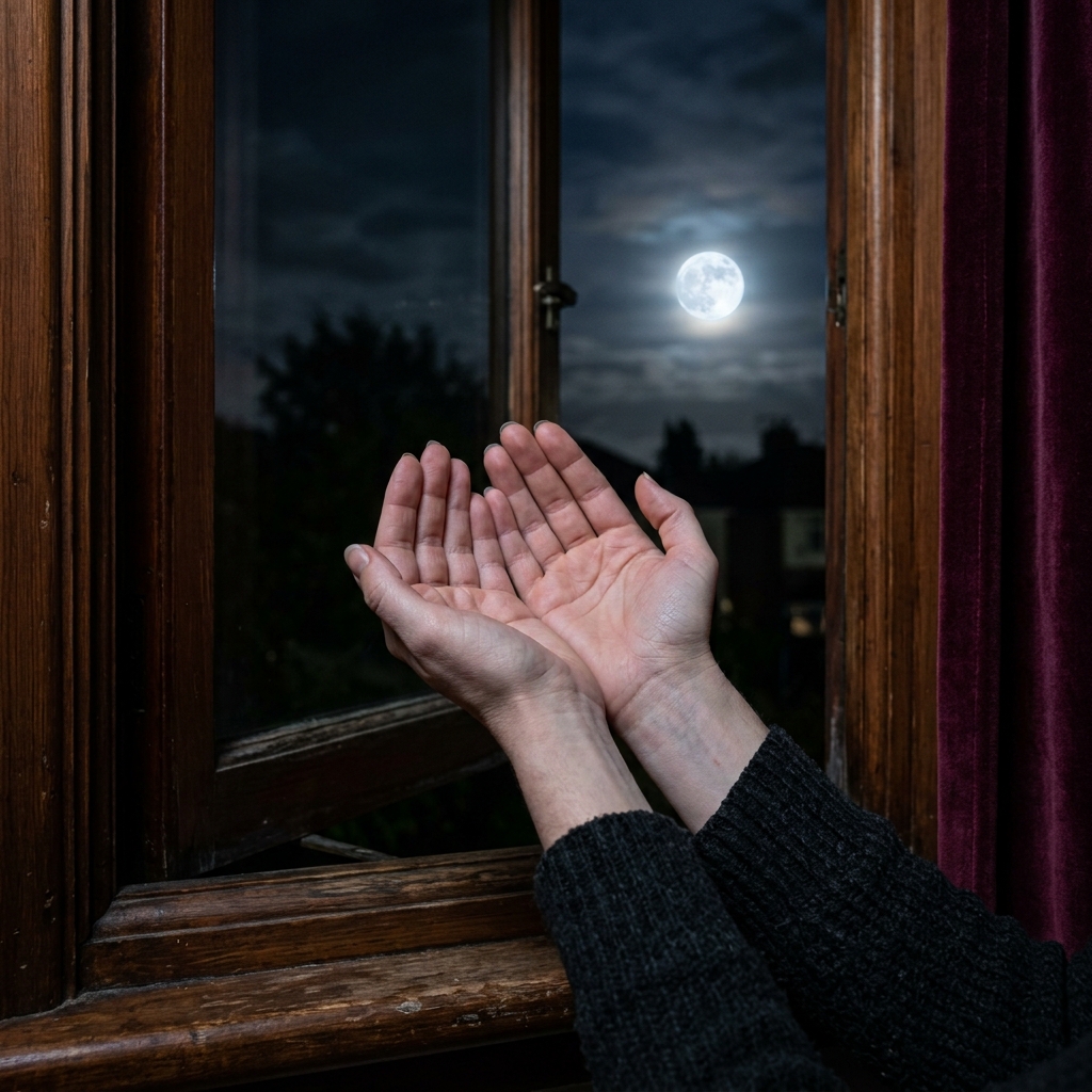 Free love spells with words alone: two open hands raised toward a bright full moon at an open wooden window at night