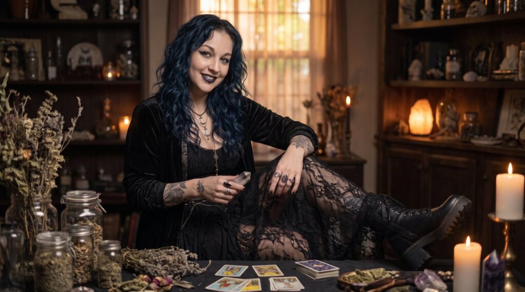 Tarot reading table setup for Madame Celestine's private consultations