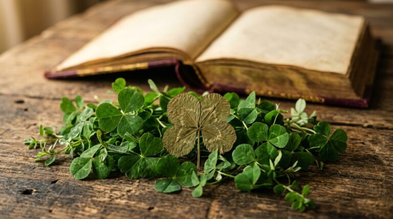 A dried, pressed four-leaf clover resting on fresh three-leaf clovers in front of an old open book, one of the Irish herbs for luck