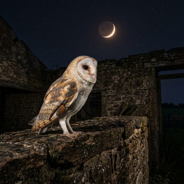 A barn owl perched on a ruined stone wall under a crescent moon at night, the bird most closely tied to Lilith symbolism