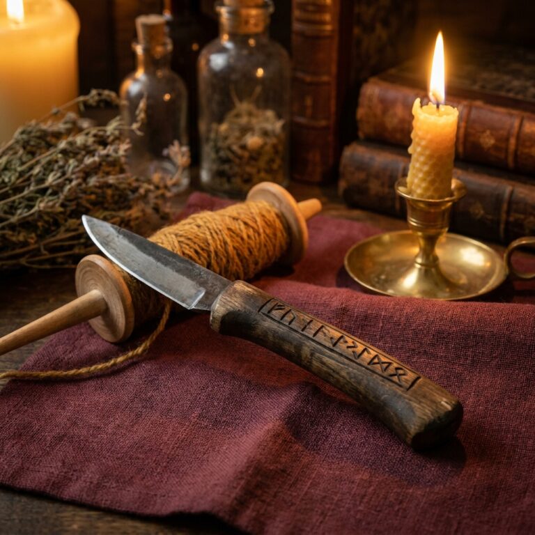 A short line of runic letters carved along a wooden knife handle, resting on burgundy linen beside a spindle of wool and a lit beeswax candle