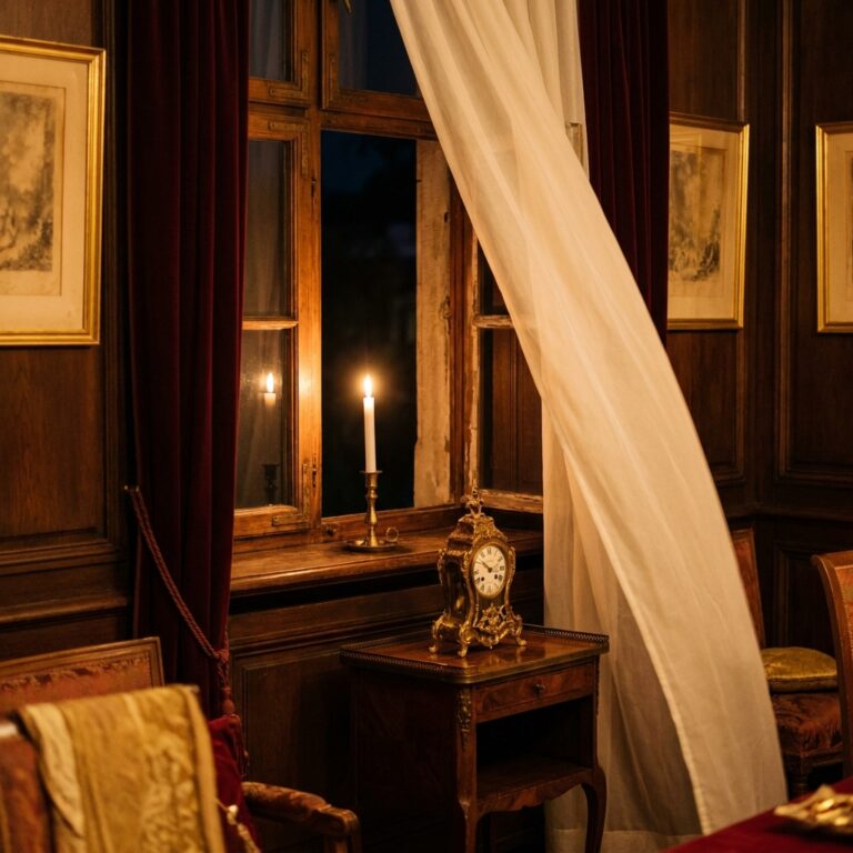 An open window with a sheer curtain beside a single lit white candle, showing the custom of opening a window during house cleansing after death