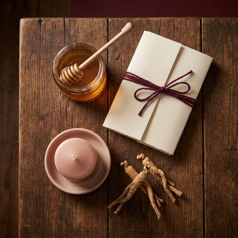 Flat-lay of hoodoo reconciliation tools on a wooden table: a small jar of honey with a dipper, a folded blank paper tied with burgundy string, a pink candle and dried roots