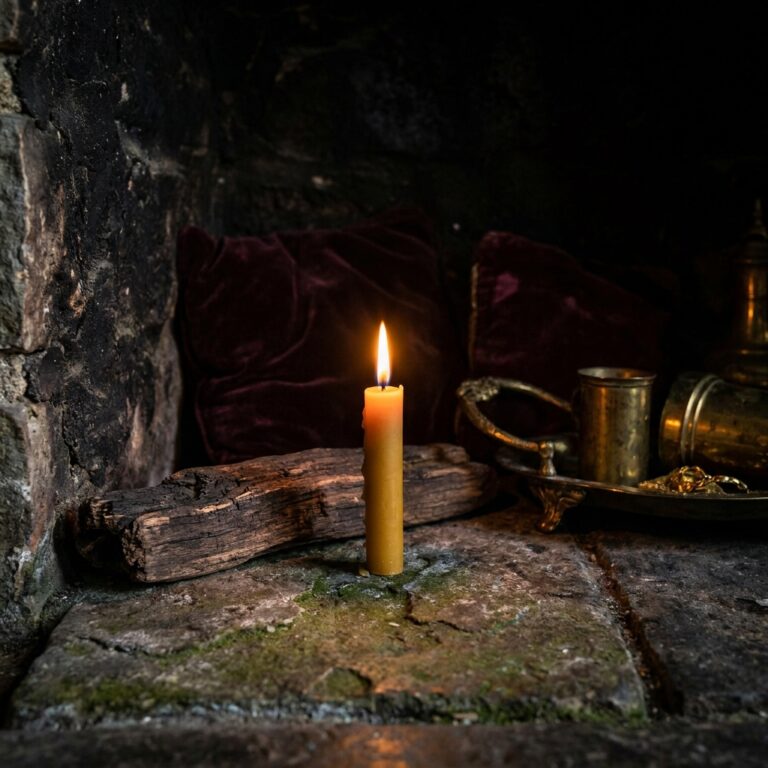 A single beeswax candle burning on an old mossy stone hearth beside a weathered log and brass cups, recalling the fire kept for Brigid at Kildare