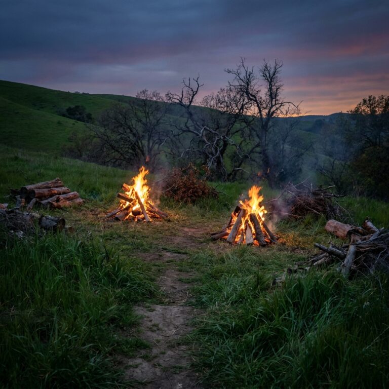 Two bonfires burning on a green hillside at dusk with a clear path between them, the way Gaelic farmers once drove cattle through Beltane fires