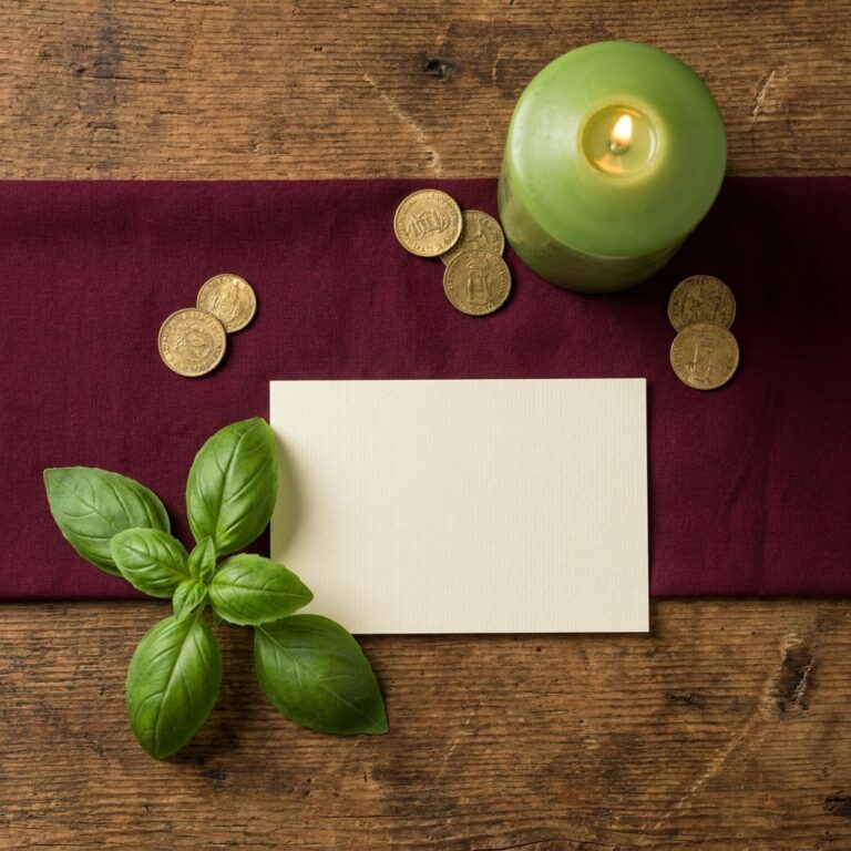Lit green pillar candle, brass coins, fresh basil leaves and a blank cream card laid on a burgundy cloth across a wooden altar for a Wiccan money spell