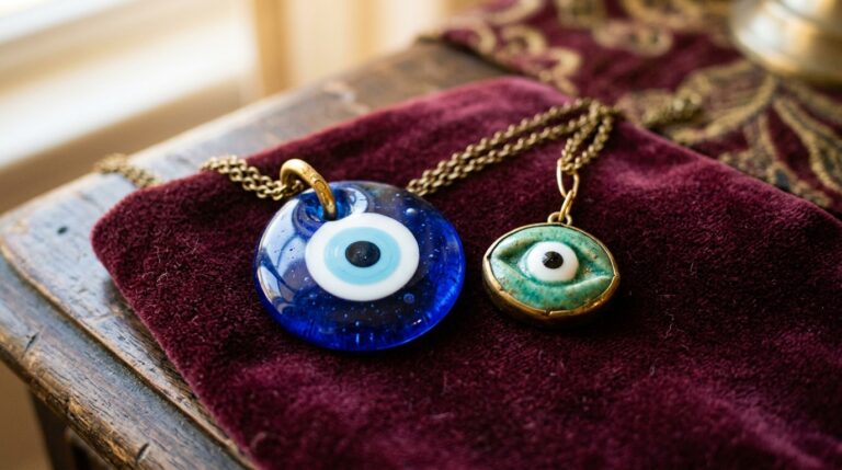A blue glass nazar pendant beside a small green ceramic eye charm on burgundy velvet, two eye-shaped protective amulets worn as jewelry